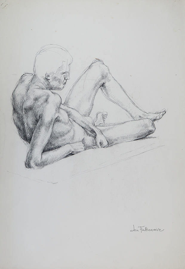 Thin Reclining Male, Resting On Right Elbow. Student Work. Drawing