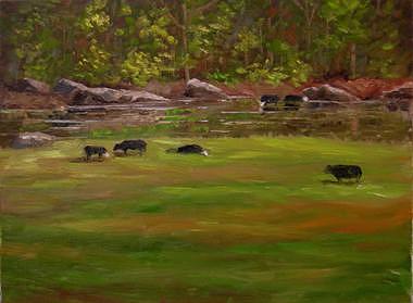 Cows Painting - Thirsty Grazers by Pat Aube Gray Cows Painting - Thirsty Grazers by Pat Aube Gray
