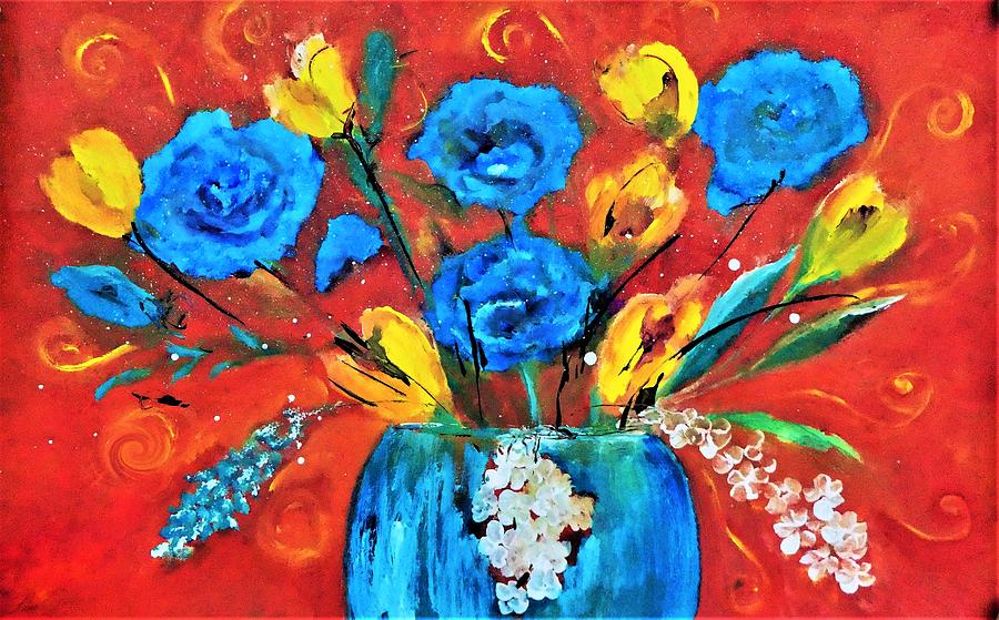 This is It Pop Floral Orange and Blue Painting By Lisa Kaiser Digital Art by Lisa Kaiser