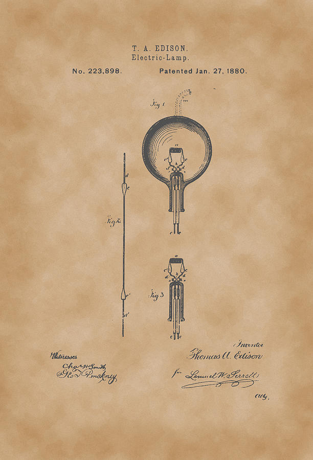 Vintage Drawing - Thomas A. Edison Electric Lamp Patent Drawing 1880 Vintage by Patently Artful