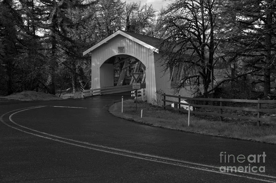 Thomas Creek Covered Bridge - Black And White Photograph by Adam Jewell