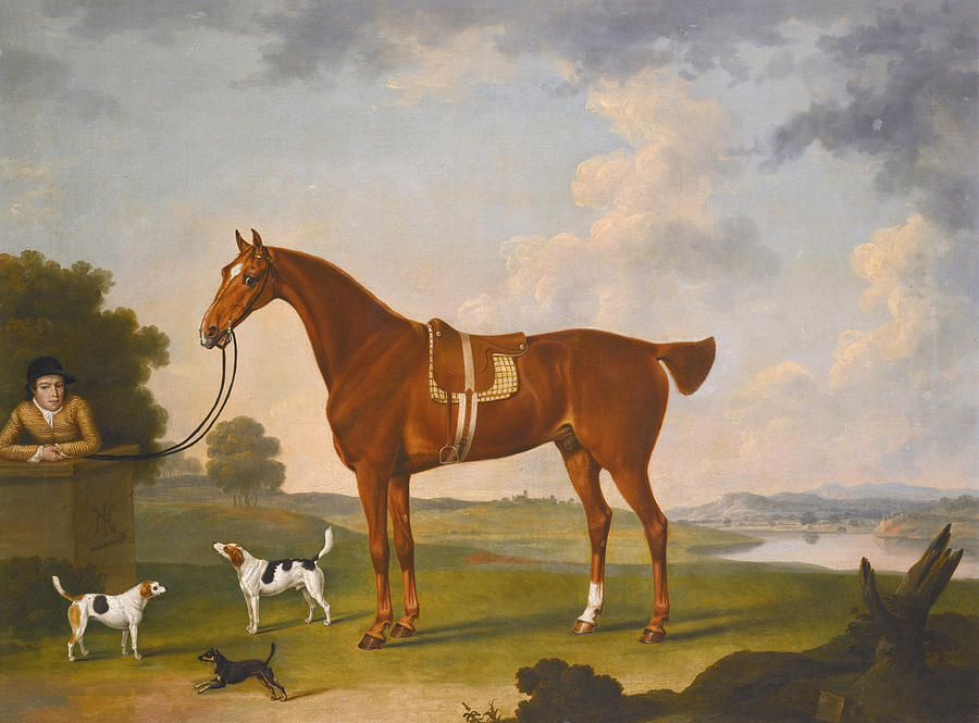 Thomas Egertons Chestnut Hunter with a Groom and two Hounds and a Terrier in a River Landscape Painting by Thomas Stringer