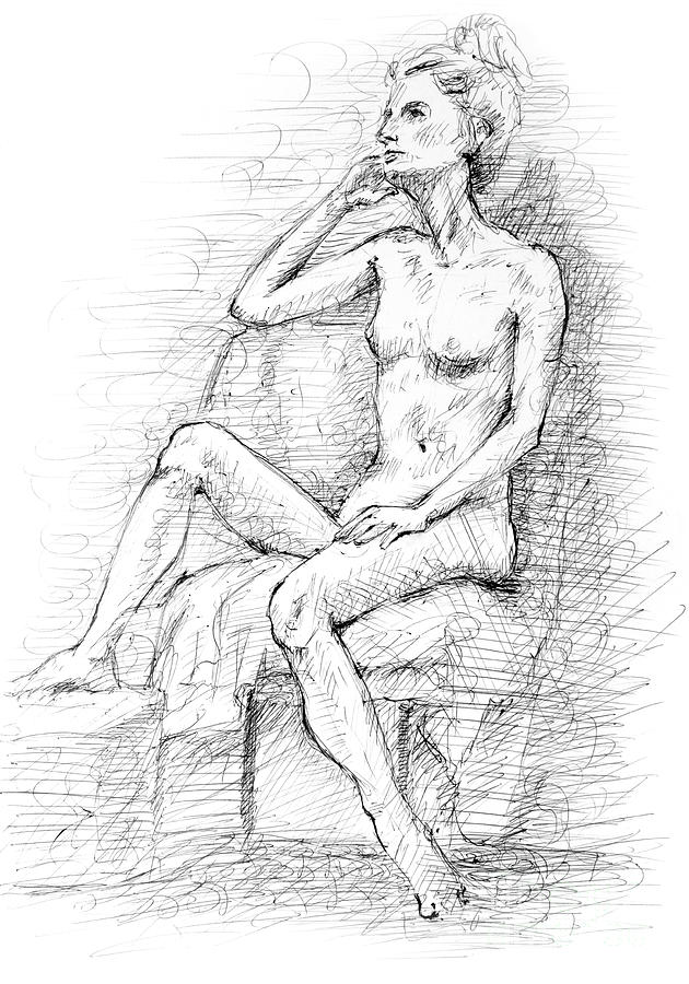 Black And White Drawing - Thoughtful a pen and ink drawing of female nude by Adam Long