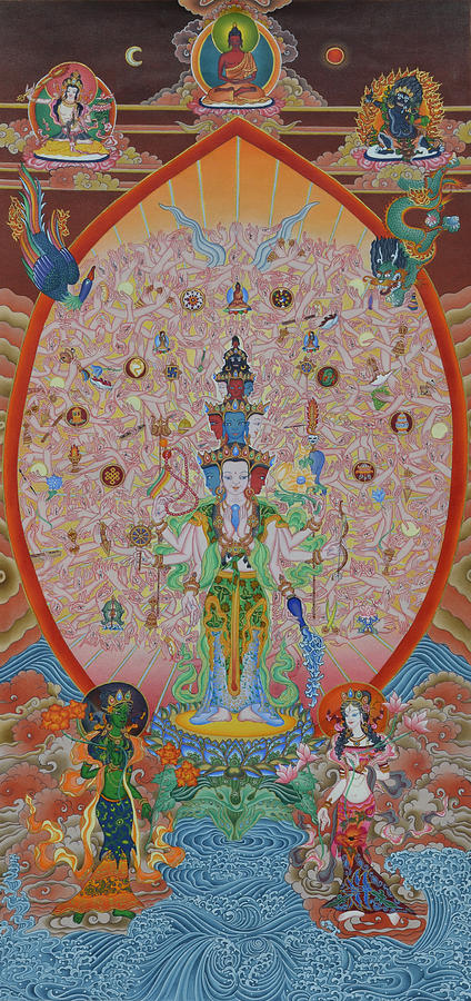 Bodhisattva of Compassion Chenrezig Tibetan Thangka tapestry cloth poster decor 