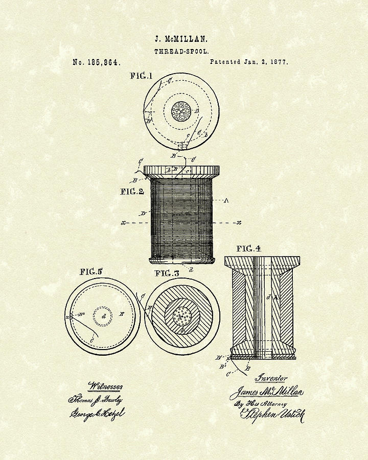Thread Spool 1877 Patent Art Drawing by Prior Art Design