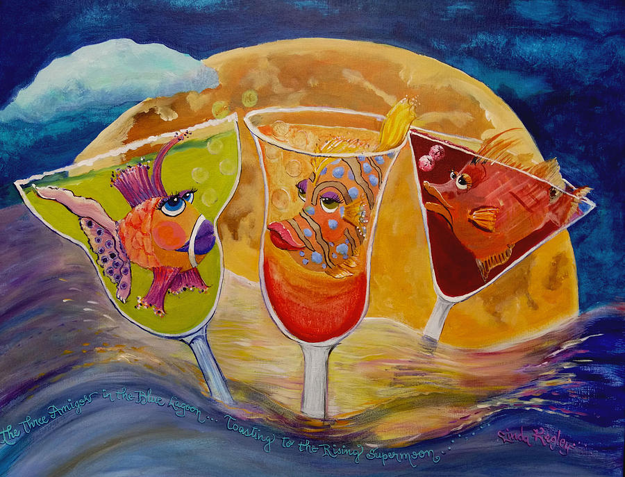 Three Amigos and the Supermoon Painting by Linda Kegley