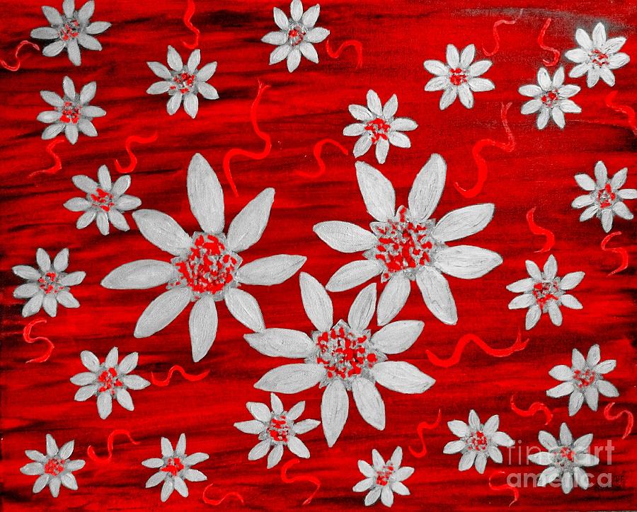 Three and Twenty Flowers on Red Painting by Rachel Hannah