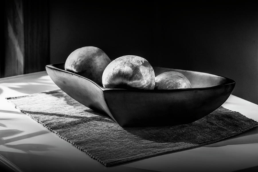 Three Apples In Black And White In A Bowl Photograph