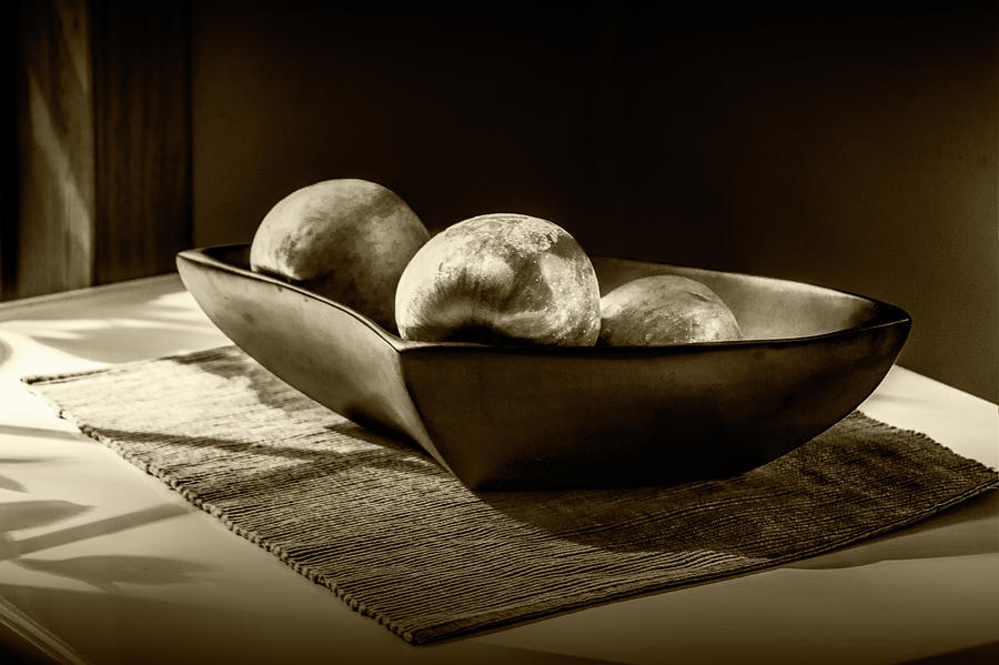 Three Apples in Sepia Tone in a Bowl Photograph by Randall Nyhof