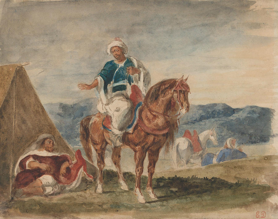 Three Arab Horsemen at an Encampment Drawing by Eugene Delacroix
