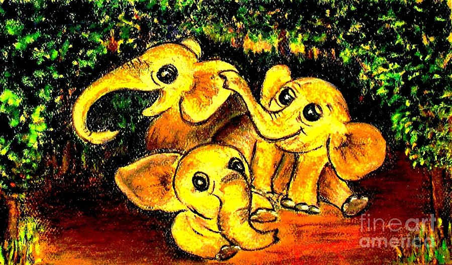 Three Baby Elephants Painting by Hazel Holland