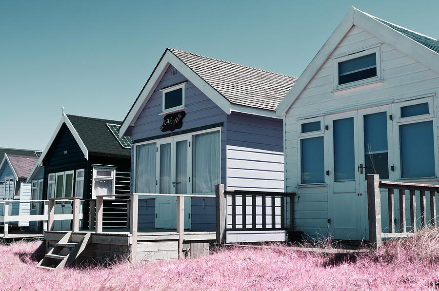 Three Beach Huts Blue by Mick House Three Beach Huts Blue by Mick House