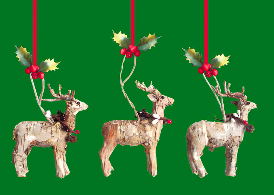 Three Birch Bark Reindeer Painting by Mary Helmreich