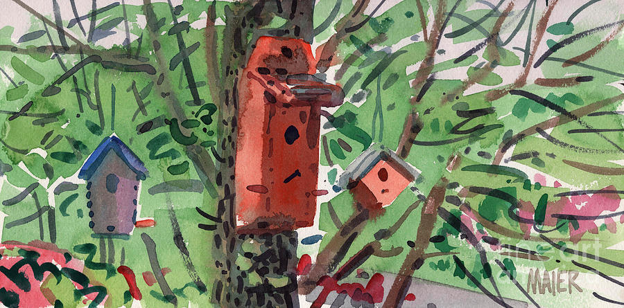 Three Birdhouses Painting by Donald Maier
