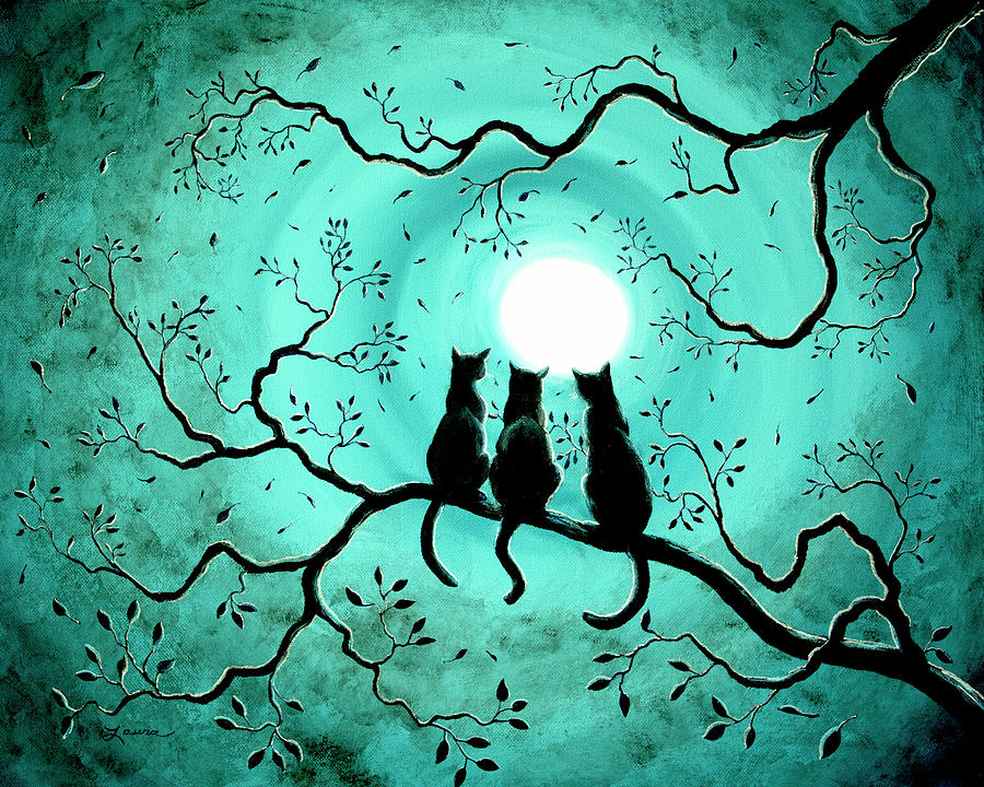 Three Black Cats Under A Full Moon Painting