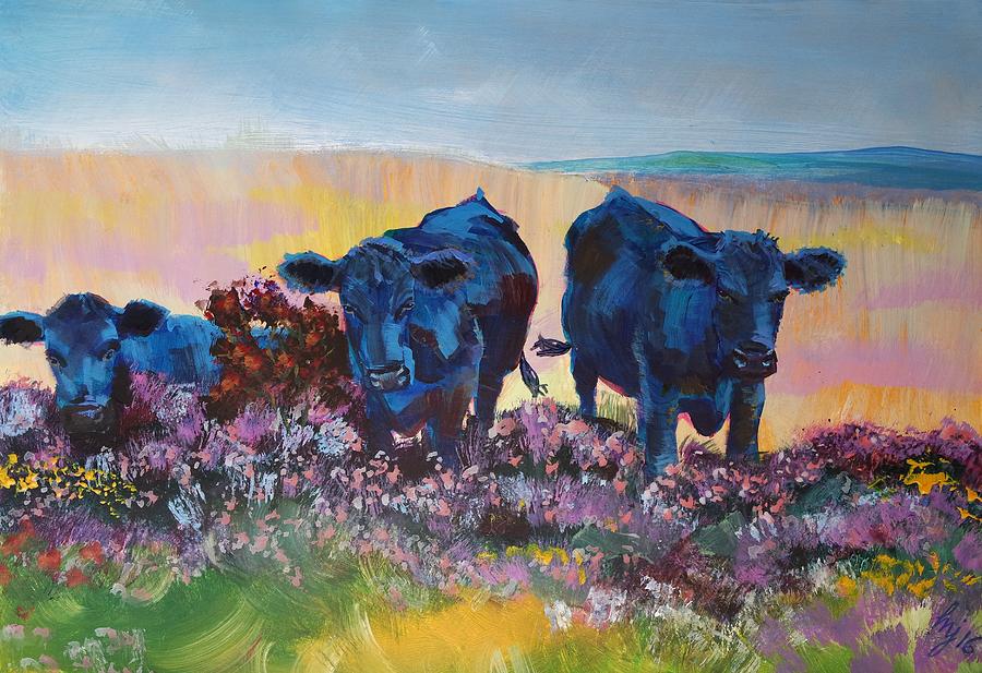 Three Black Cows on Dartmoor Painting by Mike Jory