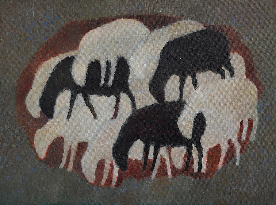 Three Black Sheep Painting by Attila Meszlenyi
