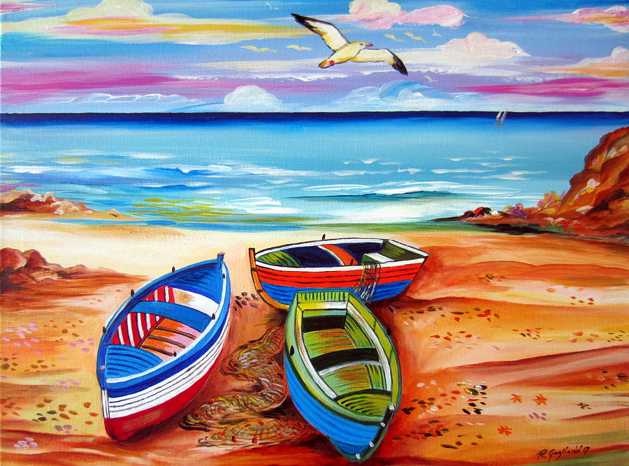 Three boats and a seagull Painting by Roberto Gagliardi