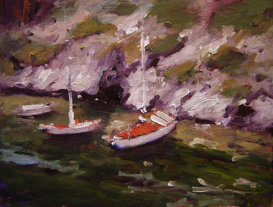 Three boats in Les Calanques France Painting by R W Goetting