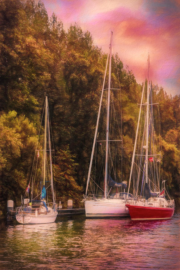 Three Boats on the River at Sunset in Autumn Photograph by Debra and Dave Vanderlaan