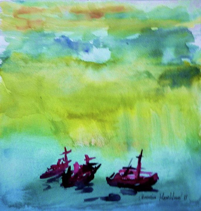 Three Boats Painting by Wanvisa Klawklean