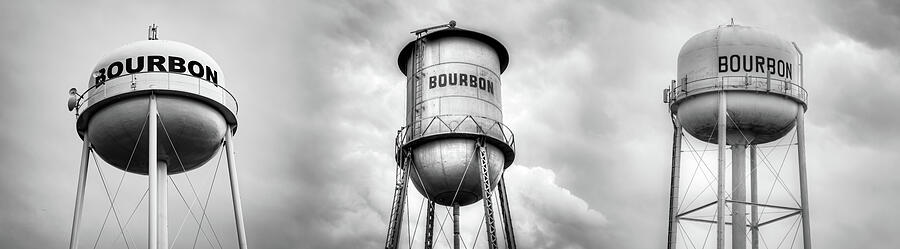Three Bourbon Whiskey Towers Panorama - Monochrome Photograph by Gregory Ballos