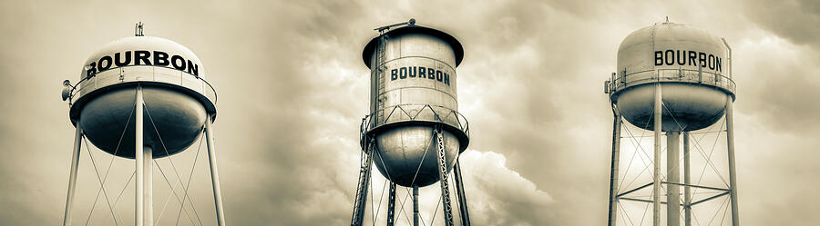 Three Bourbon Whiskey Towers Panorama - Sepia Photograph by Gregory Ballos