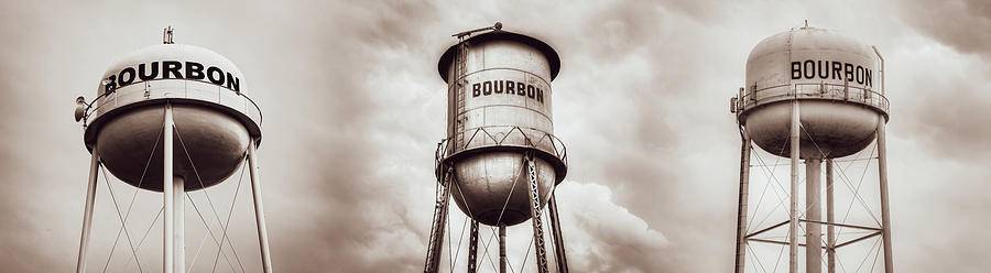 Vintage Photograph - Three Bourbon Whiskey Towers Panorama - Sepia Monochrome by Gregory Ballos