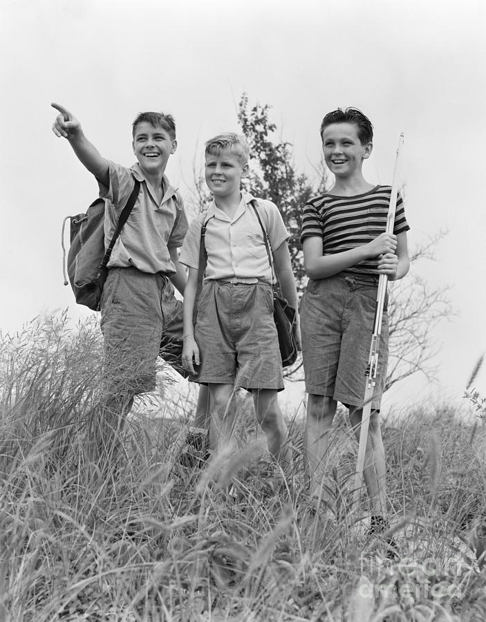 Three Boys Hiking In Field, C.1940s Photograph by H. Armstrong Roberts/ClassicStock