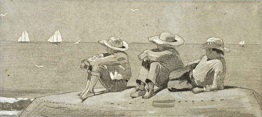 Three Boys on a Beached Dory Drawing by Winslow Homer