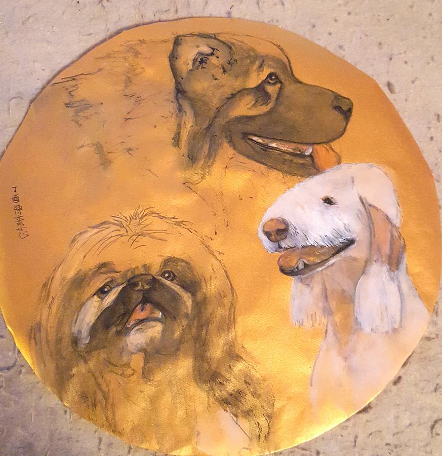 Three breeds on gold Painting by Debbi Saccomanno Chan