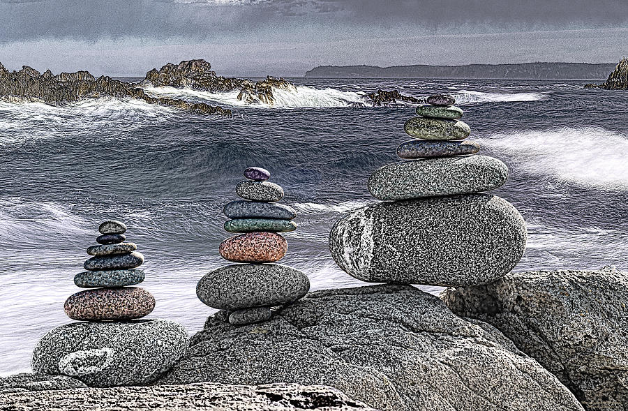 Three Cairn Seascape Photograph by Marty Saccone