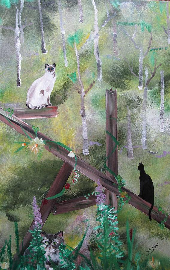 Three Cats in the Yard Painting by Susan Voidets