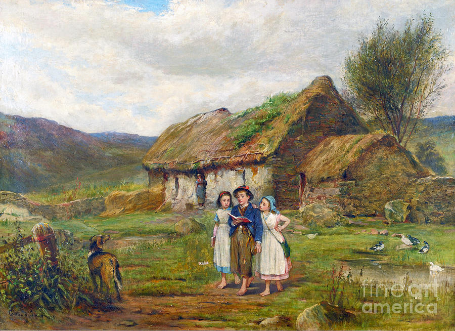 Three Children and a Dog Beside a Scottish Croft Painting by MotionAge Designs