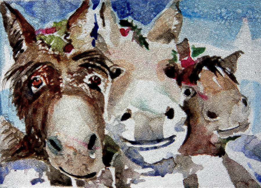 Three Christmas Donkeys Painting by Mindy Newman