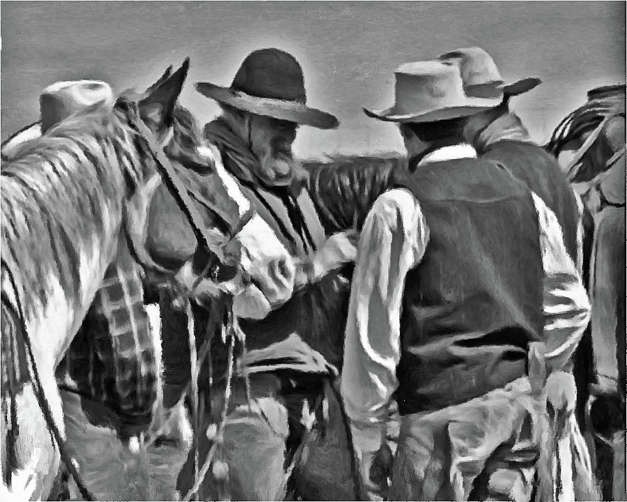 Cowboys Photograph - Three cowboys black and white by Susie Fisher