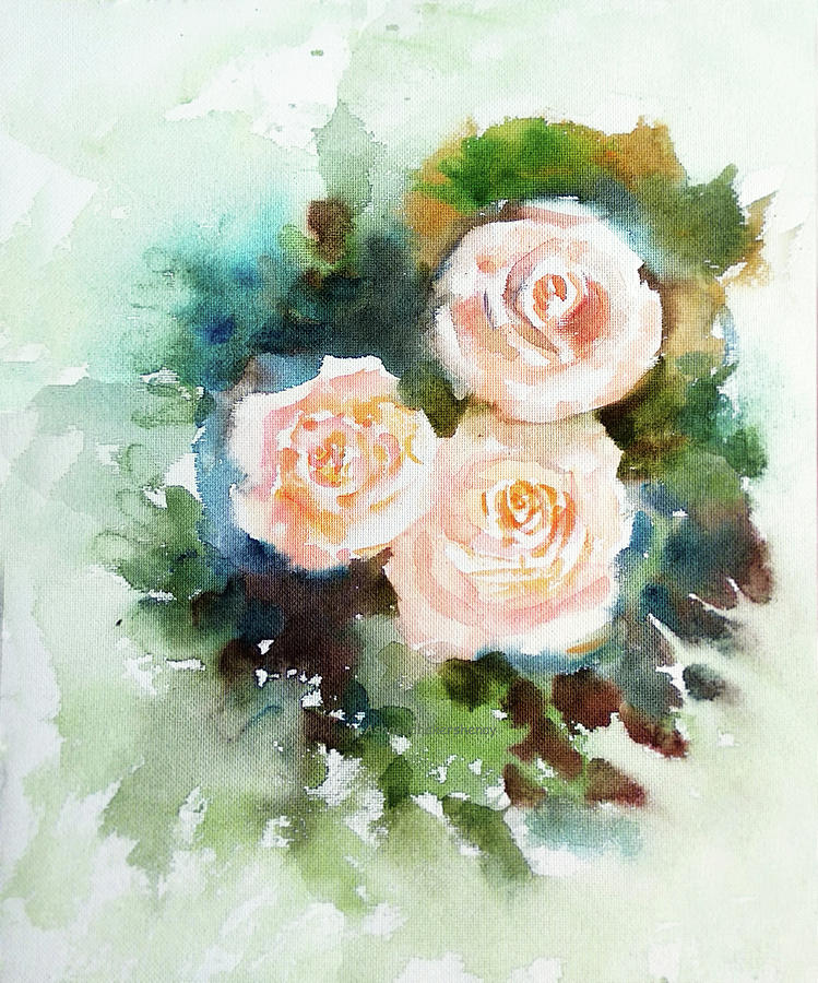 Three cream roses Painting by Asha Sudhaker Shenoy