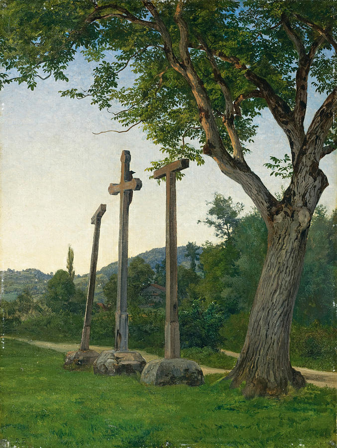 Three Crosses along a Country Lane Painting by Robert Zuend