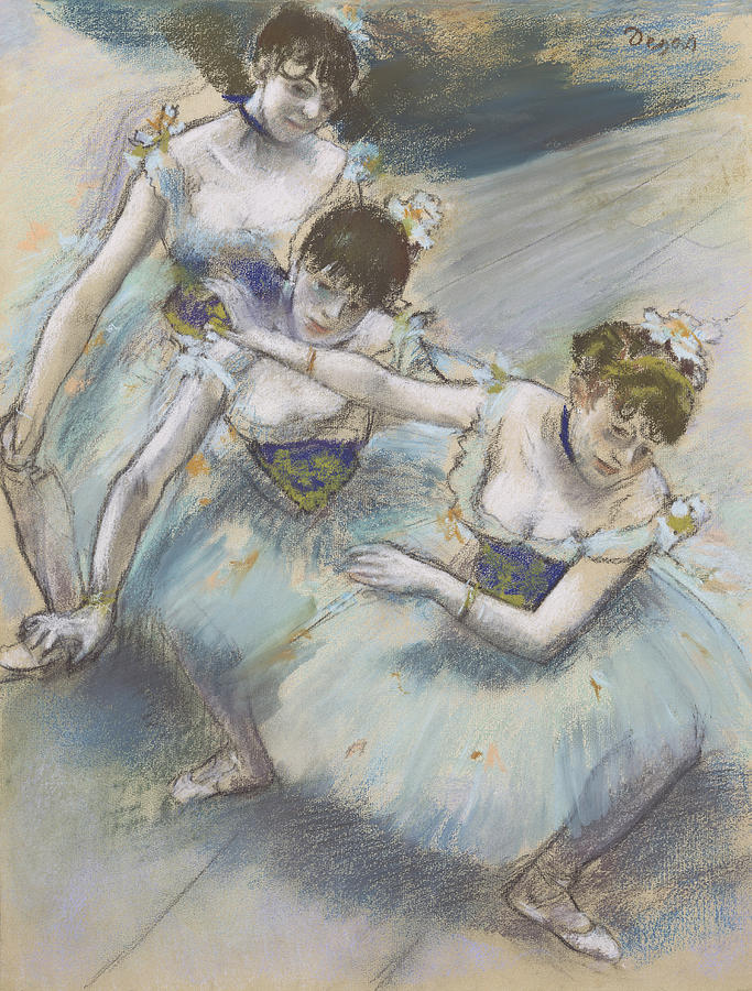 Edgar Degas Drawing - Three Dancers in a Diagonal Line on the Stage by Edgar Degas