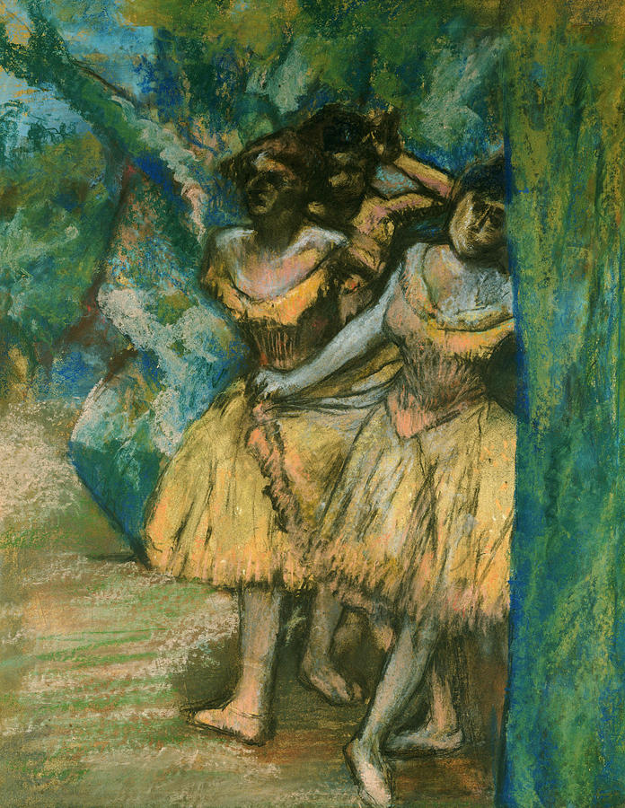 Edgar Degas Pastel - Three Dancers with a Backdrop of Trees and Rocks by Edgar Degas