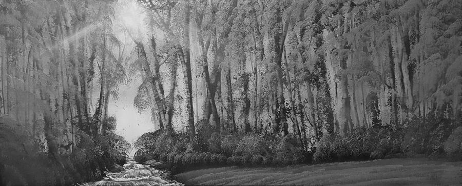 Three Deer and a Stream With Rapids Monochrome Painting by Russell Collins