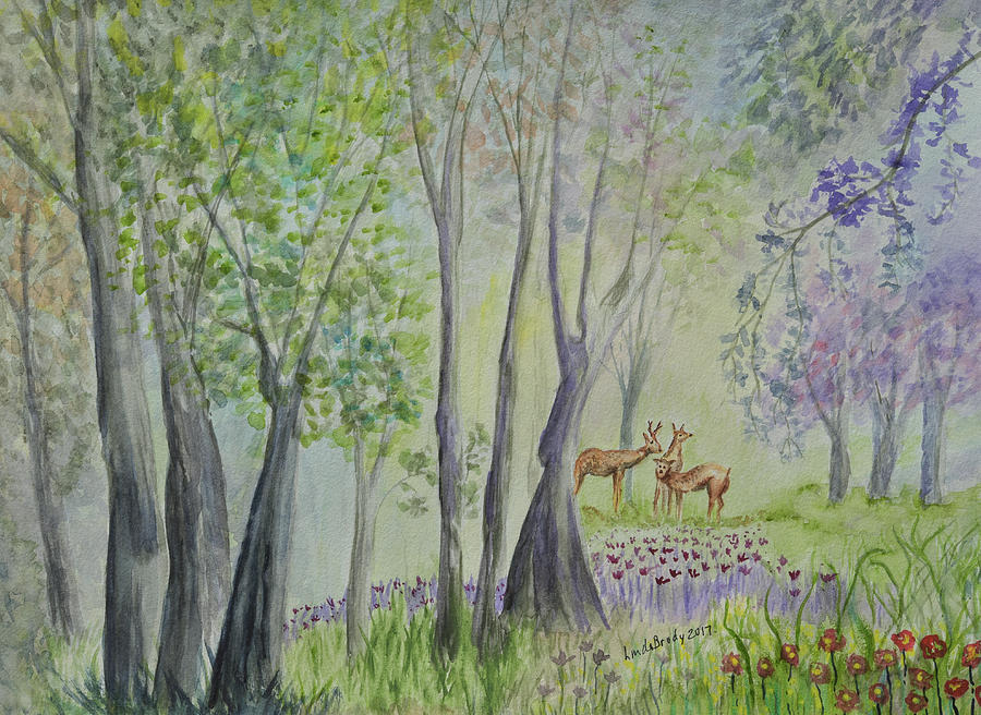 Three Deer in the Woods  Painting by Linda Brody