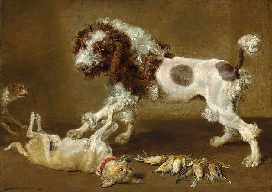 Three dogs playing, with songbirds on the floor Painting by Paul de Vos