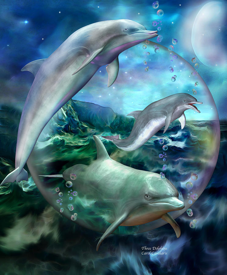 Three Dolphins Mixed Media by Carol Cavalaris