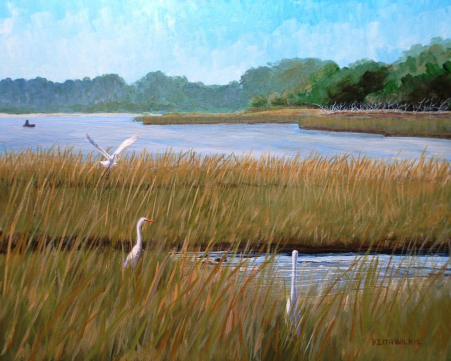 Three Egret Marsh Painting by Keith Wilkie
