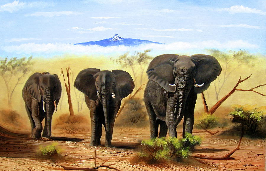 Three Elephants Painting by Wycliffe Ndwiga