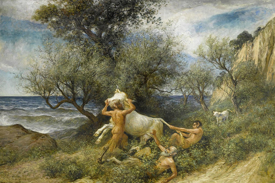 Three Faun with Cow and Calf Painting by Rudolf Koller