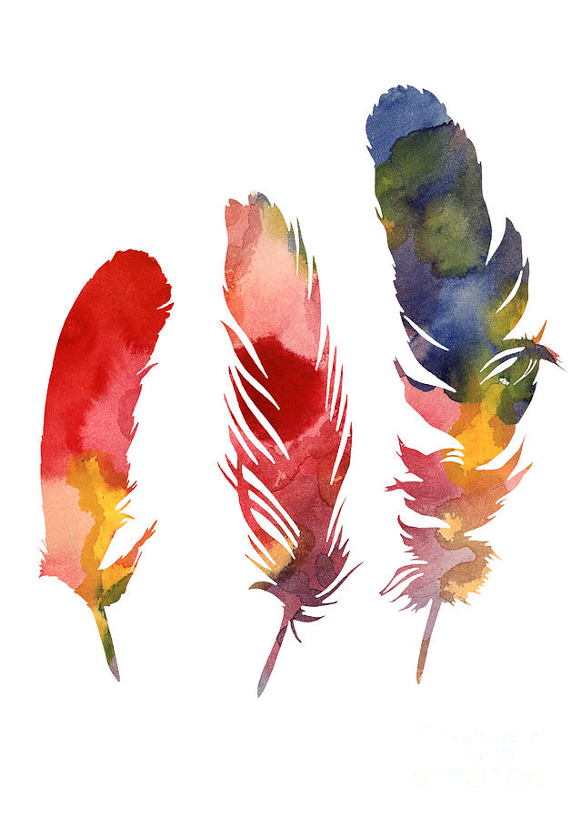 Feather Painting - Three feather watercolor poster by Joanna Szmerdt