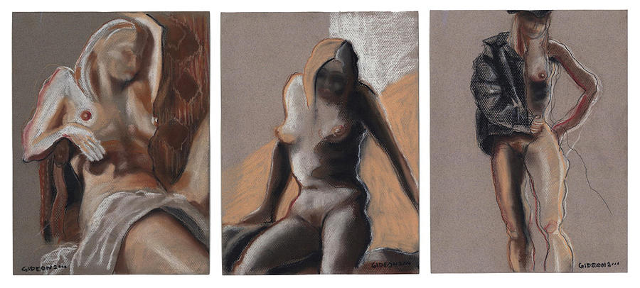Abstract Drawing - Three Figures - Triptych by Gideon Cohn
