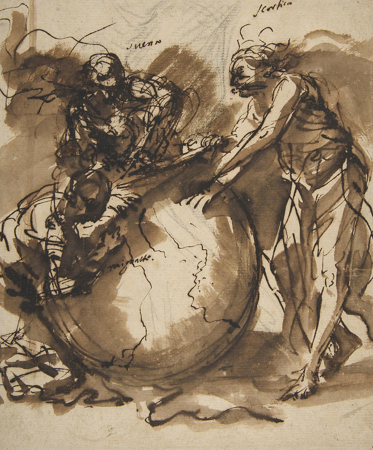 Three Figures around a globe Drawing by Salvator Rosa